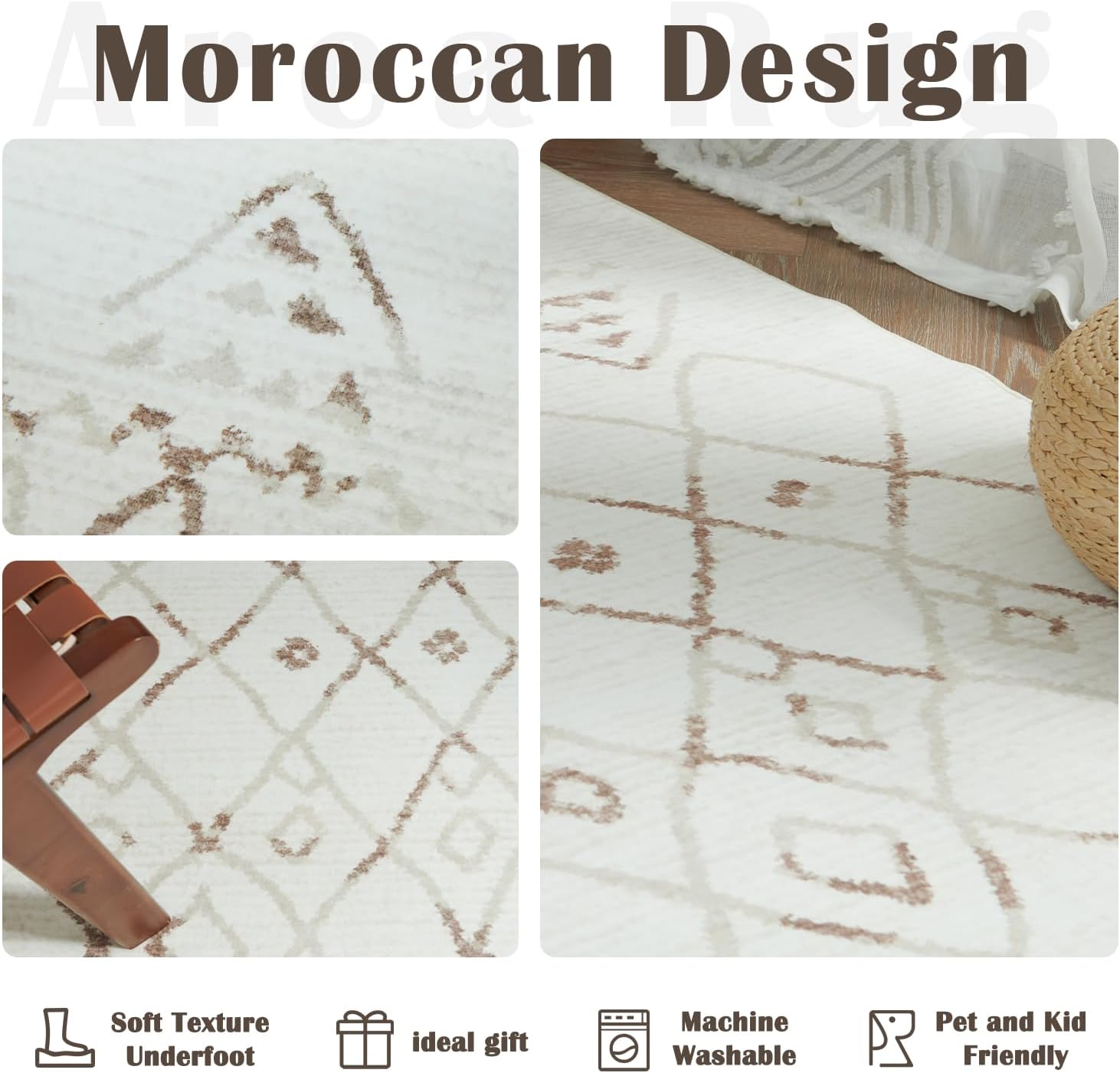 jinchan Alfombra marroquí lavable, moderna, geométrica, antideslizante, con acento para exteriores, delgada, contemporánea, suave, para cocina, sala