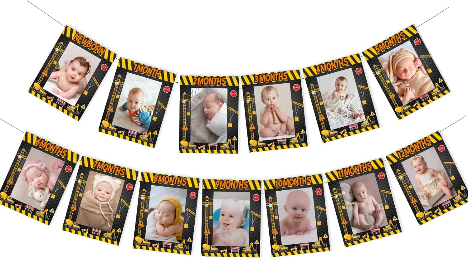 Sursurprise Suministros de fiesta de primer cumpleaños de construcción, pancarta de fotos de construcción de recién nacido a 12 meses, decoración de