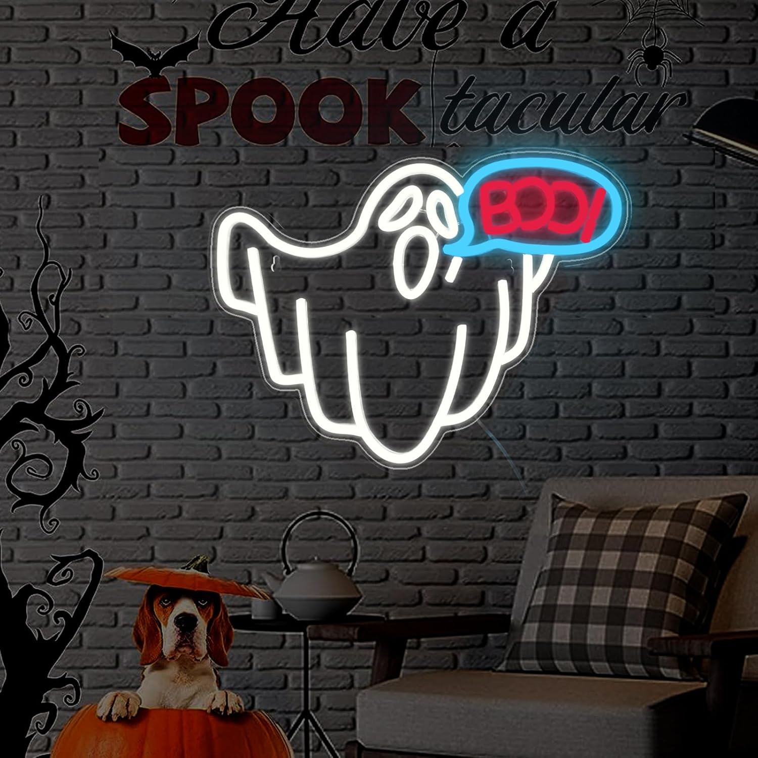 Letreros de neón de fantasma de Halloween, decoración de Halloween, letrero de luz LED de neón para decoración de pared de ventana de dormitorio,