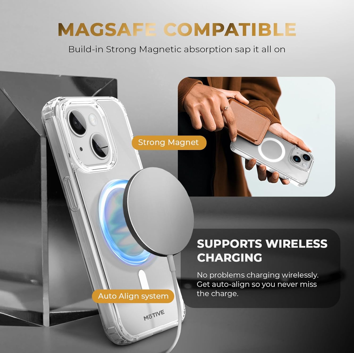 MOTIVE Funda magnética transparente para iPhone 15 con clip para cinturón, (diseñada para Magsafe), protección militar contra caídas, funda delgada