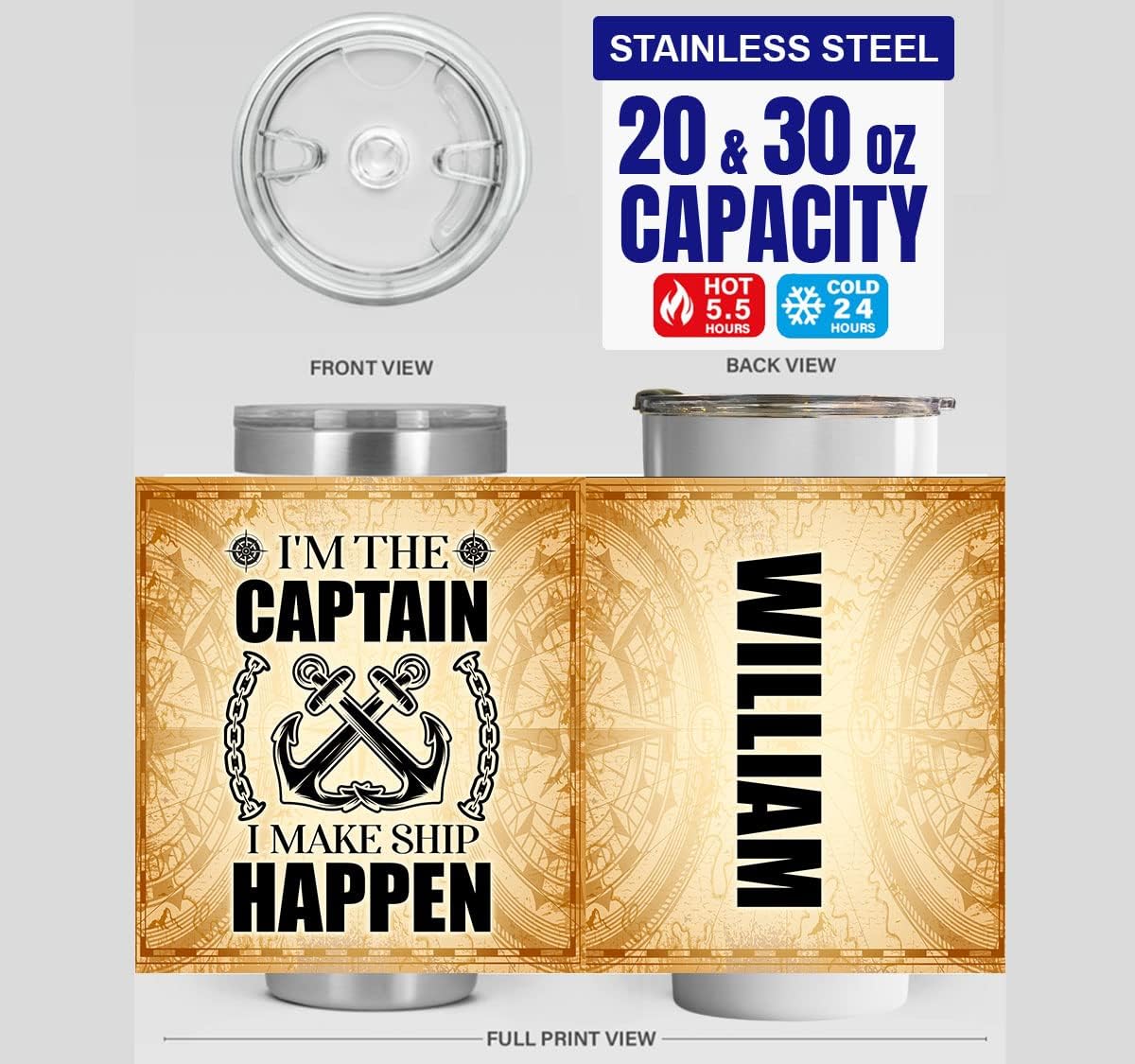 Vaso de viaje personalizado con texto en inglés “I’m the Captain I Make Ship Happen” para hombres, personal y padre en cumpleaños, Acción de