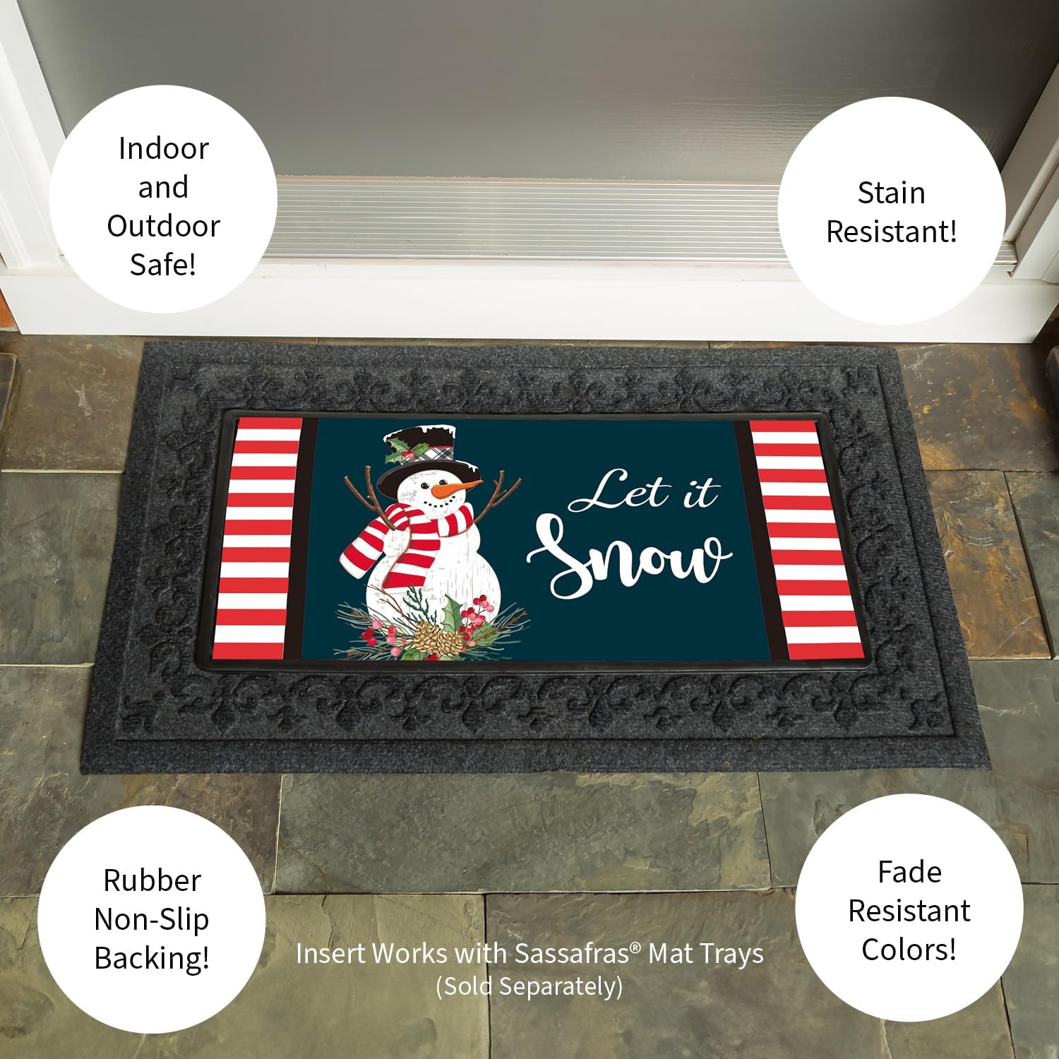 Evergreen Flag Holly Snowman Sassafras Mat  Tapete de entrada intercambiable para interiores y exteriores  22 pulgadas x 10 pulgadas  Parte trasera