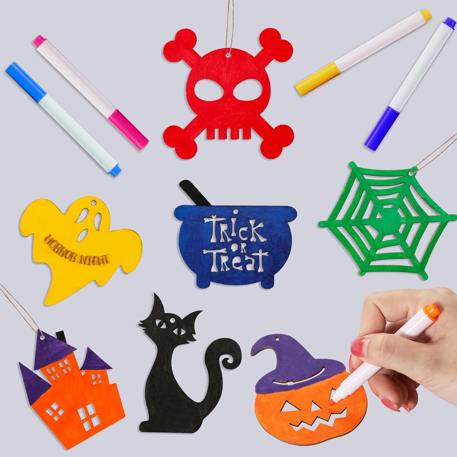 MGparty Manualidades de Halloween, 60 piezas de rebanadas de madera de Halloween, manualidades de madera natural sin terminar, adornos preperforados