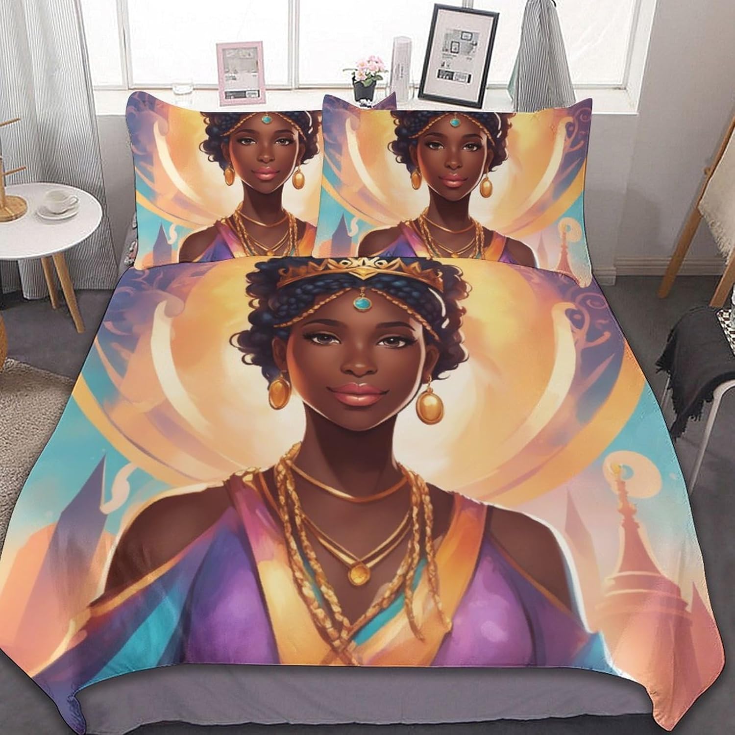 Juego de colcha de color negro afro con corona, tamaño Queen, 3 piezas, suave colcha afroamericana para todas las estaciones, 1 funda de edredón y 2