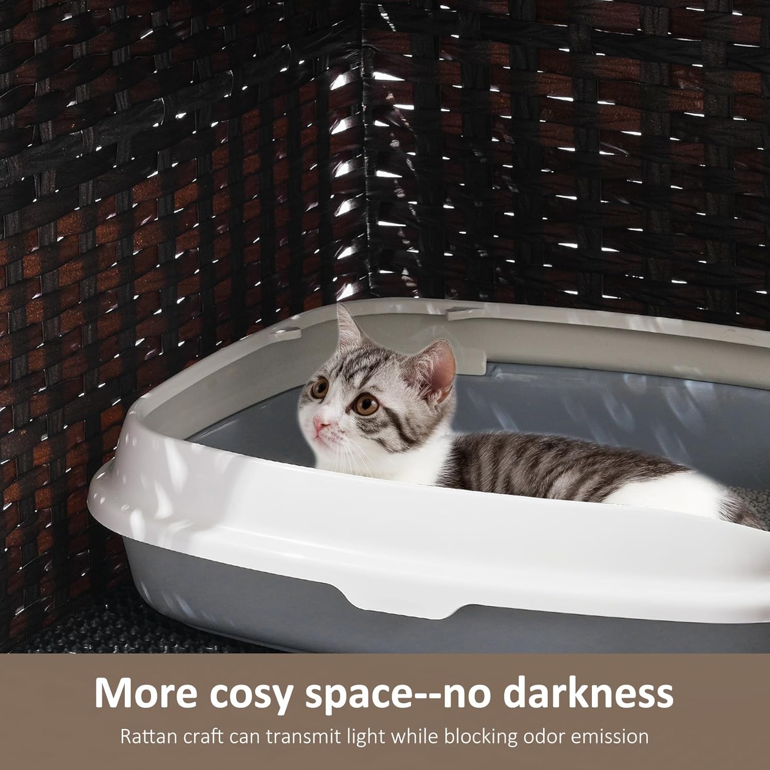 Caja de arena para gatos con alfombrilla de arena suave muebles ocultos de baño para gatos con puerta casa de gato de ratán tejida a mano jaula para