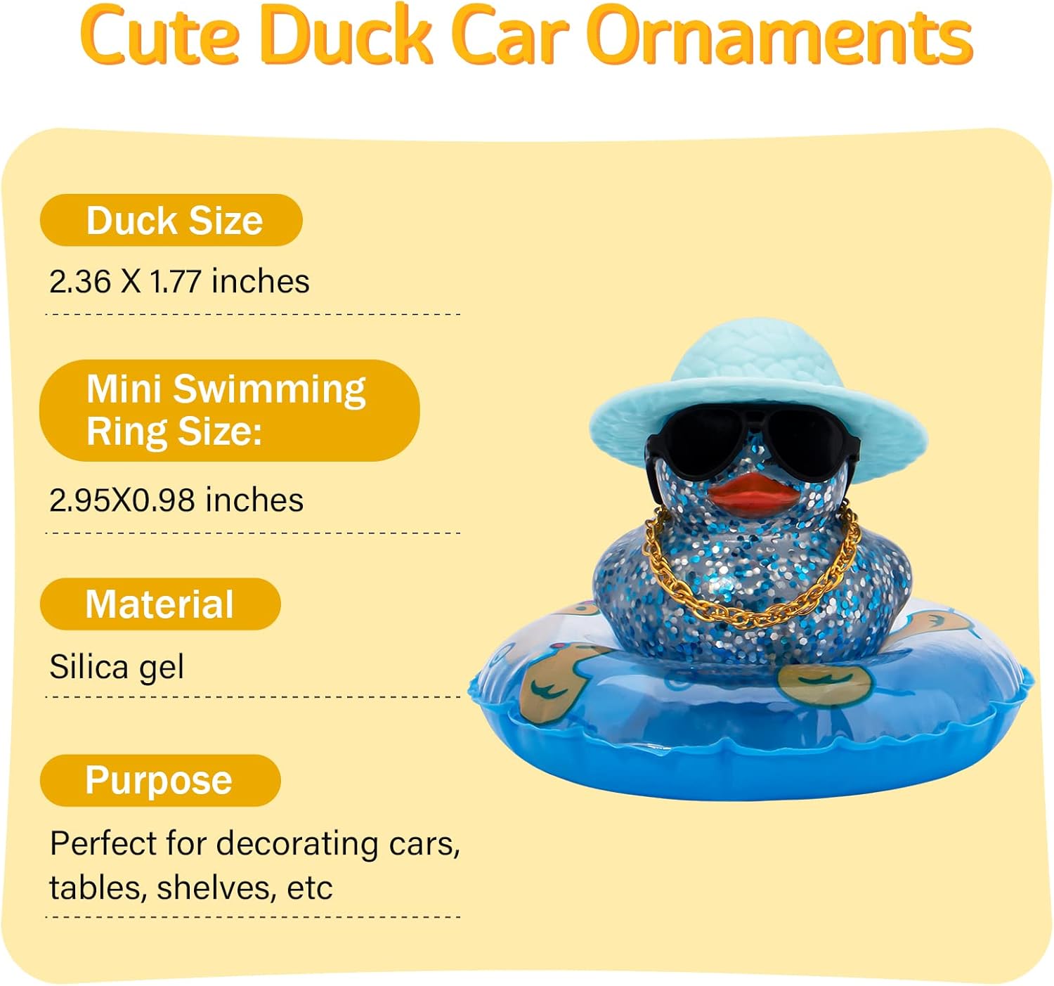 wonuu Patos de goma brillantes con gafas de sol de plástico, anillo de natación, sombrero de collar, accesorios brillantes para automóvil,