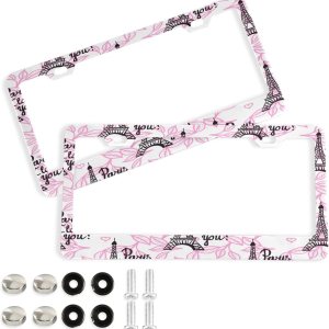 Marco de matrícula de la torre Eiffel, 2 unidades, 2 agujeros, soporte de aluminio para placa de automóvil, decoración universal con tapas de rosca Marco de matrícula de la torre Eiffel, 2 unidades, 2 agujeros, soporte de aluminio para placa de automóvil, decoración universal con tapas de rosca