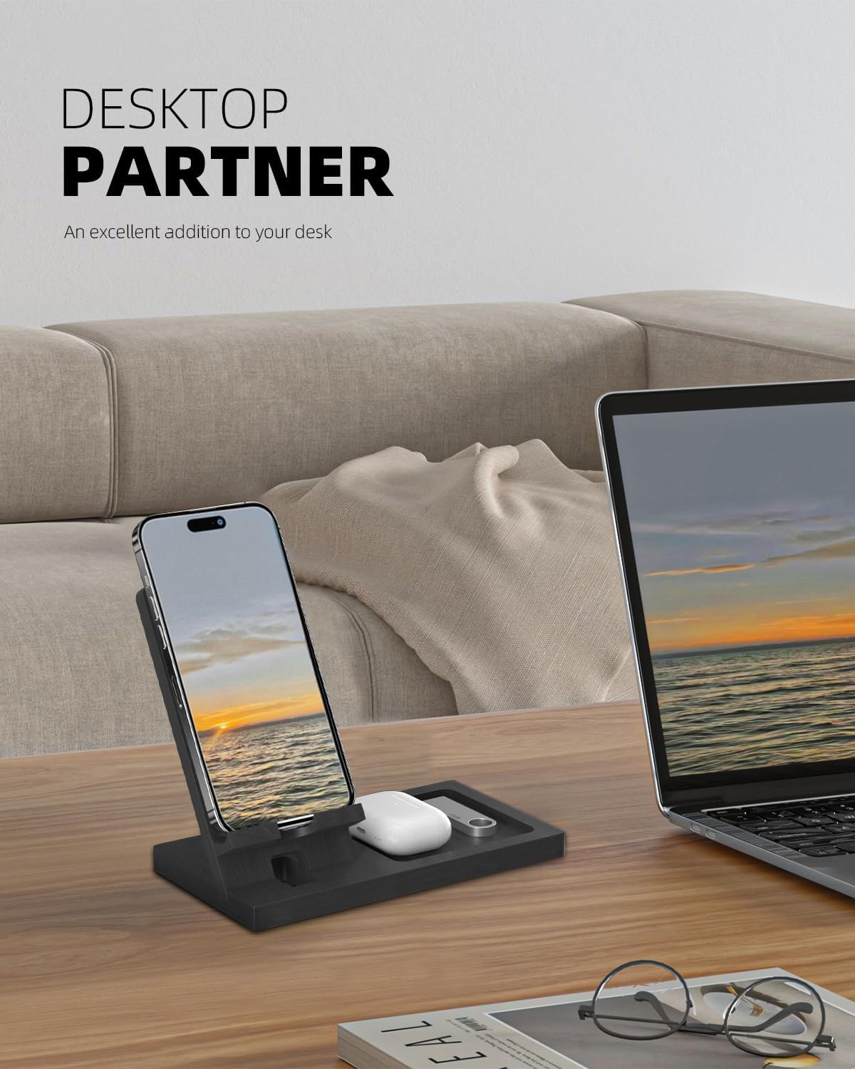 Soporte para teléfono celular, soporte portátil para teléfono, soporte transparente para escritorio (negro (con bandeja))