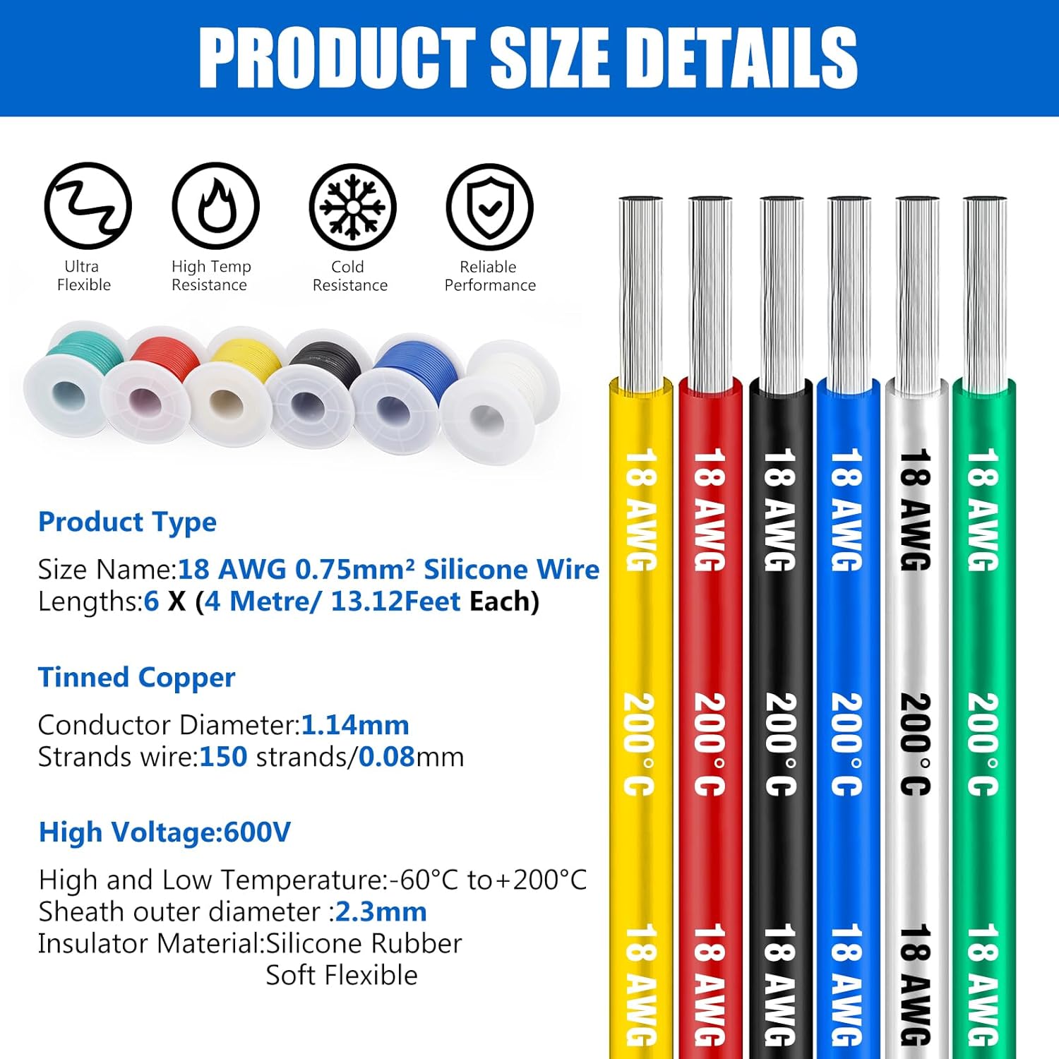 Cable eléctrico de silicona calibre 18 Cable-HuLuWa 18 AWG Kit de cables de conexión de 6 colores (13.12 pies cada uno) Alambre de cobre estañado