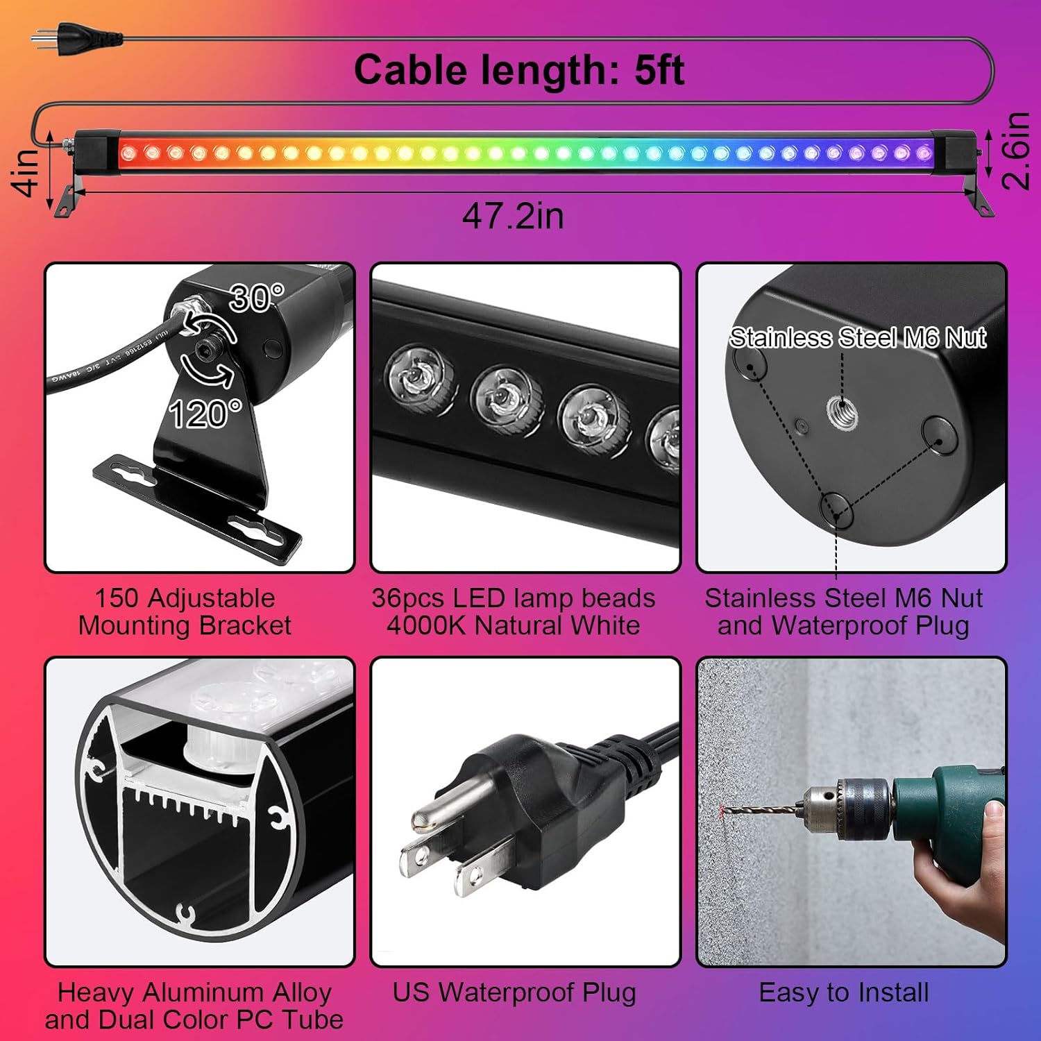 HNRLOY Paquete de 2 luces RGB para lavadora de pared con barra, 72 W LED RGB que cambian de color, luces de lavado de pared con control remoto RF,