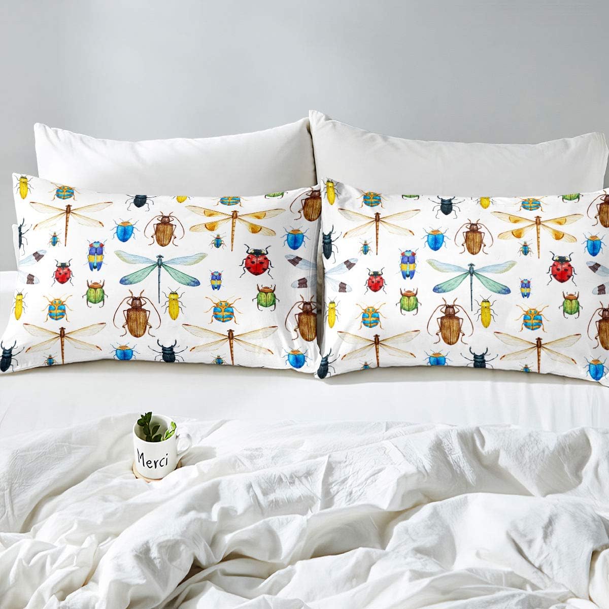 Edredón de plumón de libélula, juego de edredón de insectos de mariquita tamaño individual para niños, niñas y adolescentes, edredón de cama con