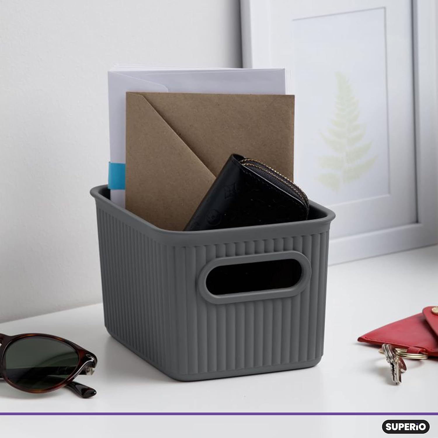Superio Ribbed Collection  Canastas organizadoras de plástico decorativas abiertas para el hogar, pequeñas cajas de contenedores grises (paquete de