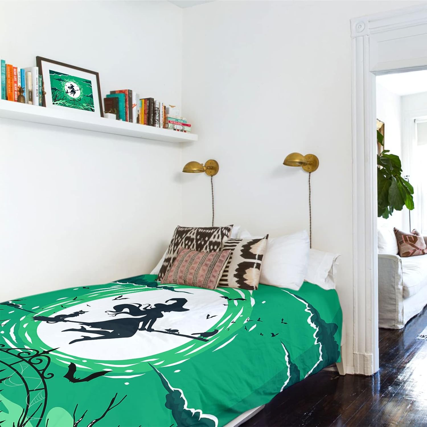 Tapiz de Halloween para colgar en la pared, diseño de bruja de luna llena, tapiz verde estético para dormitorio, sala de estar, dormitorio