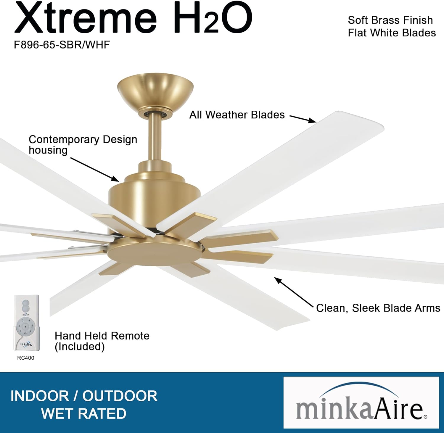 MINKA-AIRE F896-65-SBRWHF Xtreme H2O Ventilador de techo para exteriores de 65 pulgadas con motor de CC en acabado de latón suave con cuchillas