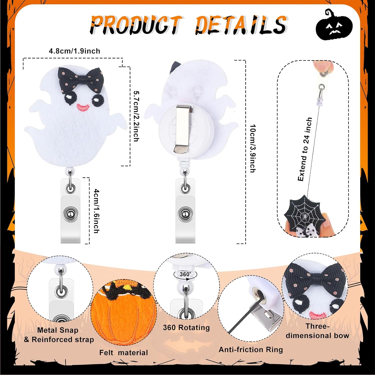 BBTO 9 carretes de insignia de Halloween con clip de fieltro, soporte retráctil para identificación de enfermera, fantasma, calavera, calabaza,