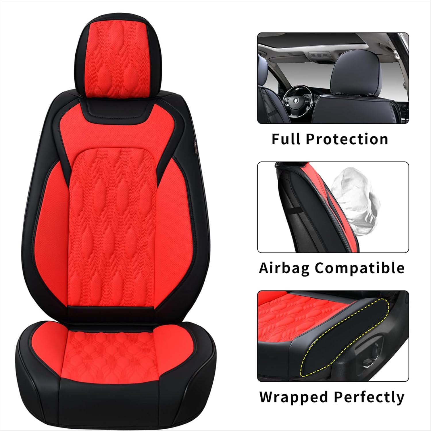 Coverado Fundas de asiento delantero de automóvil, fundas de asiento de piel de napa premium de lujo con patrón en relieve, protectores de asiento