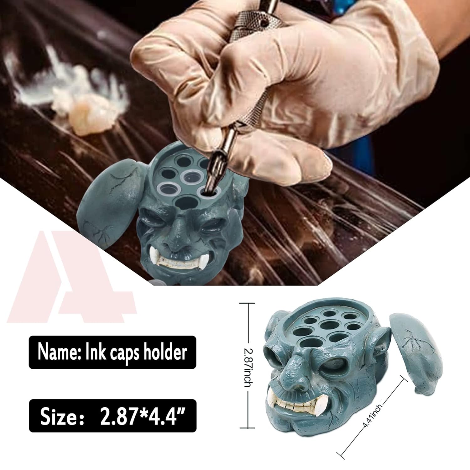 Soporte de tinta de tatuaje con tapas de tinta, Anghie 1 unidad, 8 agujeros, soporte para tazas de tinta de tatuaje de resina dura de calavera y 300