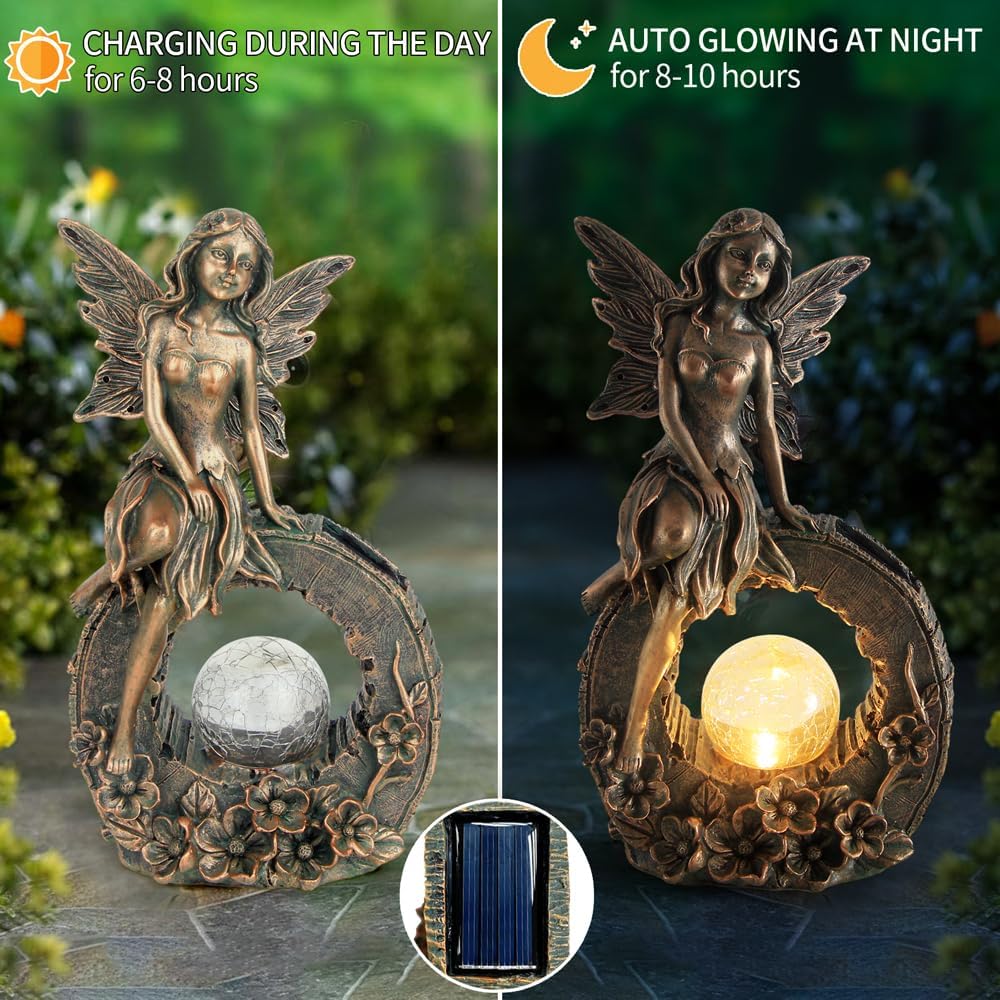 Estatuas de jardín al aire libre de 10.7 pulgadas, decoración de hada de flores, escultura de resina con energía solar para patio, césped, patio,