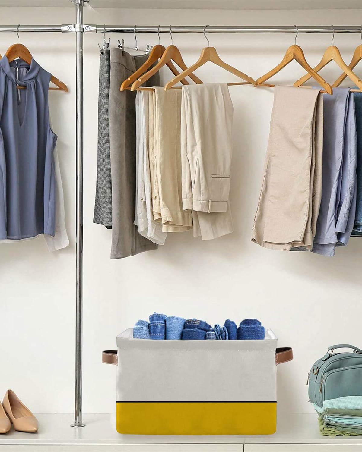 Cesta de almacenamiento geométrica amarilla para organizar estantes, cajas de almacenamiento plegables con asa, bloque de color beige moderno,