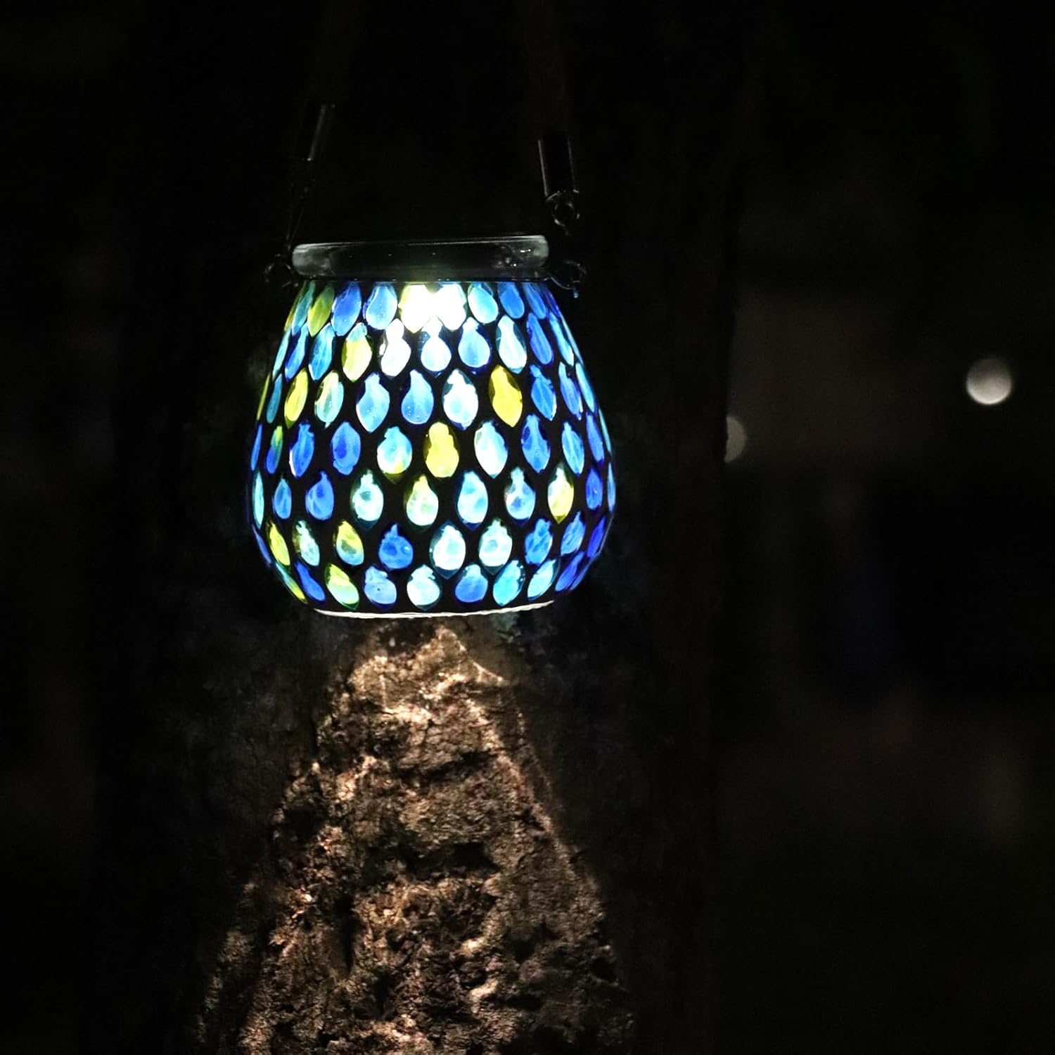 Luces solares para exteriores con tarro de vidrio de mosaico de varios colores, faroles de energía solar, luces colgantes de noche, lámparas LED de