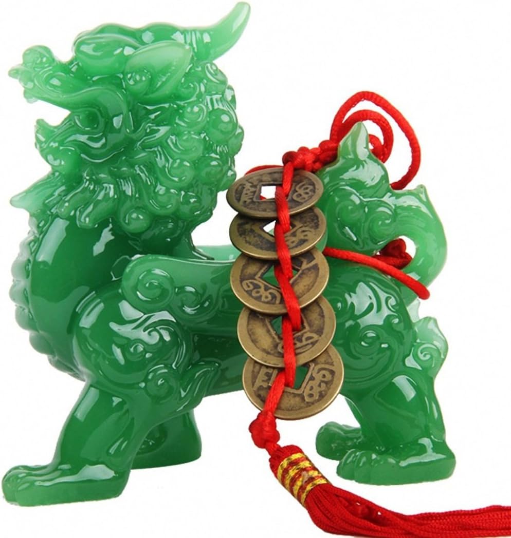 Wenmily Feng Shui Green Pi YaoPi Xiu Riqueza Porsperidad Estatua + Protección de la Prosperidad Juego de 5 Monedas Antiguas en Cadena Roja, Feng