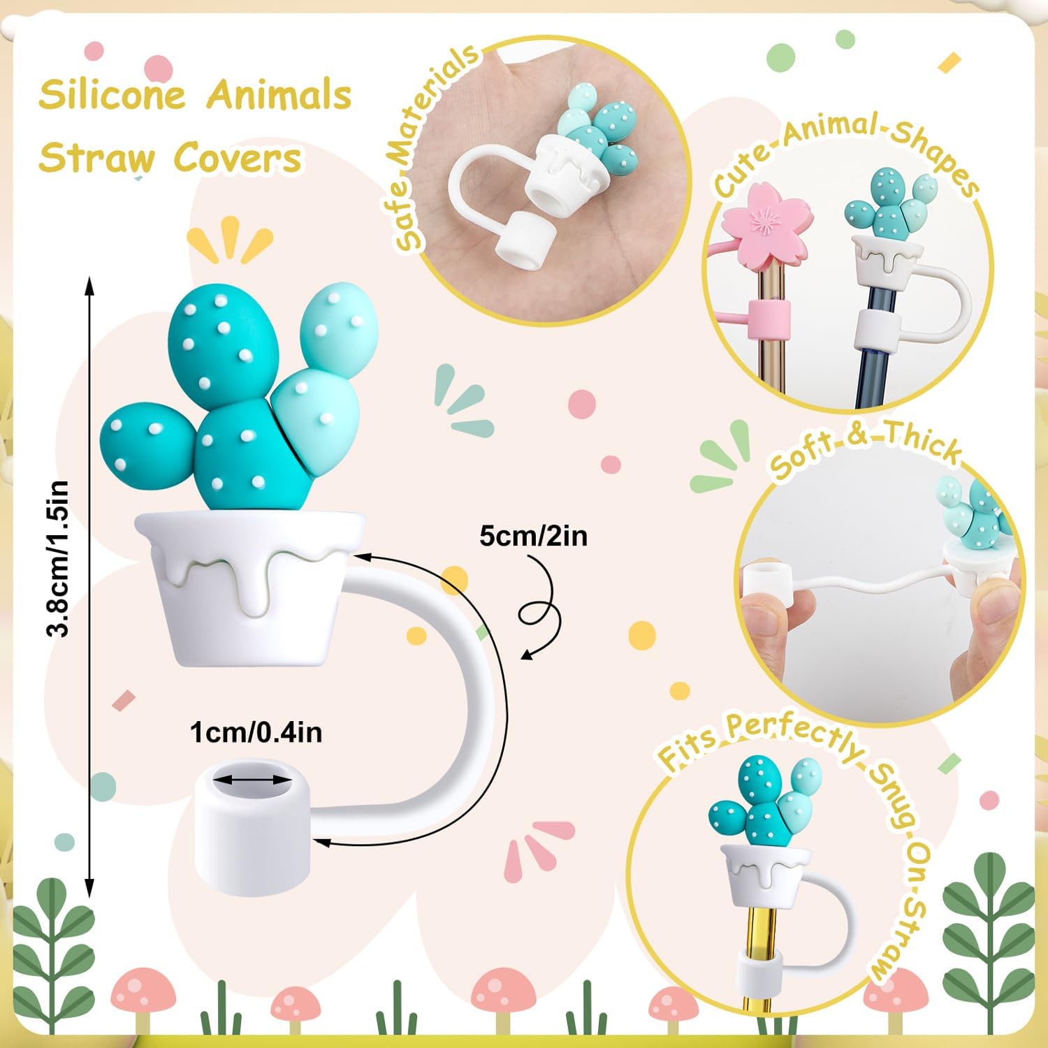 10 fundas grandes para pajilla, de 0.31 a 0.39 pulgadas (0.315-0.394 in), reutilizables, de silicona, con forma de sandía, oso, pato, flores, tapas