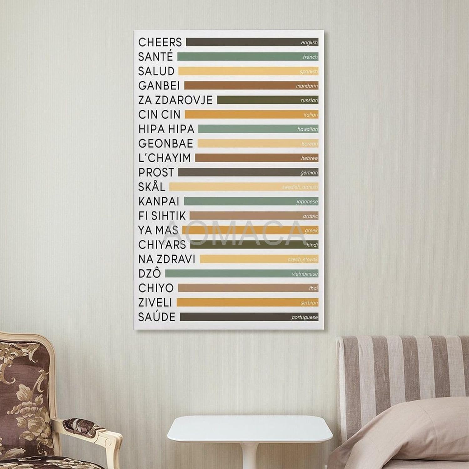 RCIDOS Póster artístico divertido con texto en inglés “Cheers in different language”, impresión de colores retro, tipografía artística, pósteres e