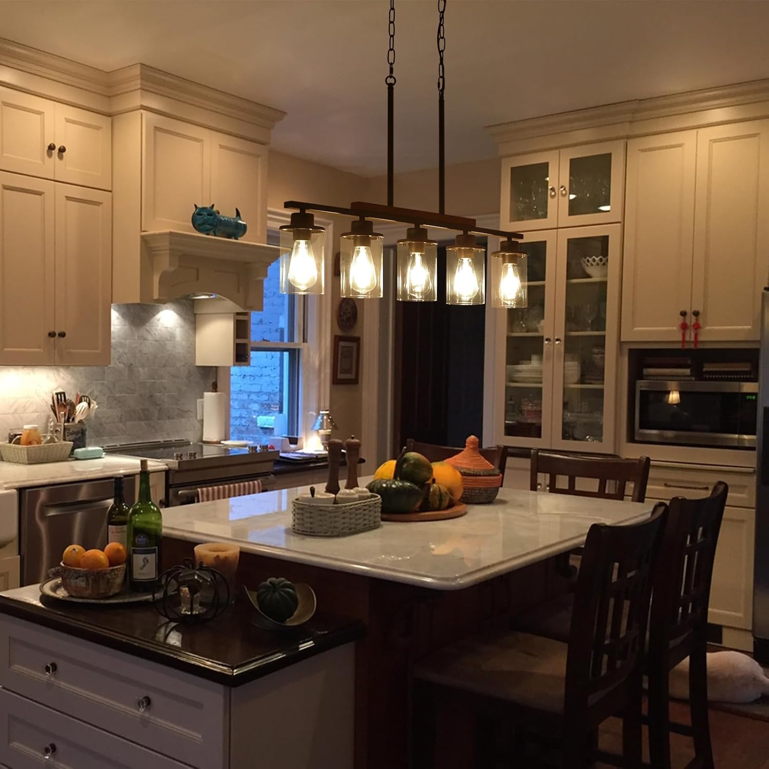 Kitchen Island Lighting – Lámparas de comedor de 5 luces sobre mesa, candelabros negros de granja para comedor con pantalla de vidrio transparente y