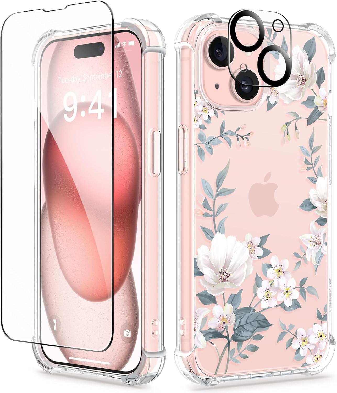 GVIEWIN Funda 3 en 1 diseñada para iPhone 15 Plus de 6.7 pulgadas, con protector de pantalla + protector de cámara con flores transparentes no