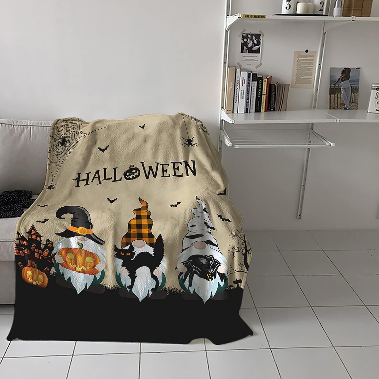 Manta de gnomo de franela súper suave, manta de murciélago de Halloween con diseño de gato negro, manta ligera y acogedora de microfibra de felpa