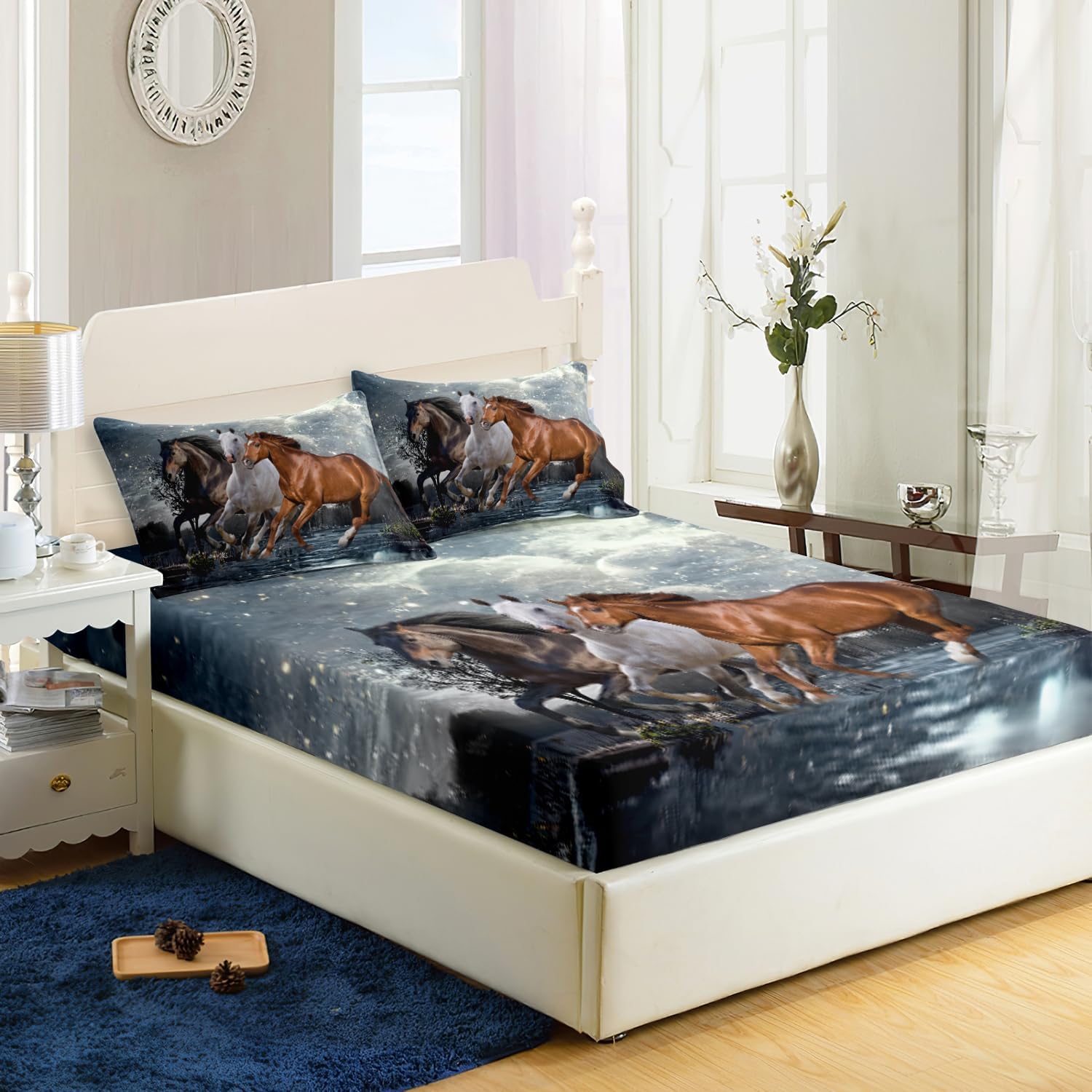 AILONEN Juego de ropa de cama tamaño individual, diseño de caballos al galope con temática de vida silvestre para niños y adultos, decoración de