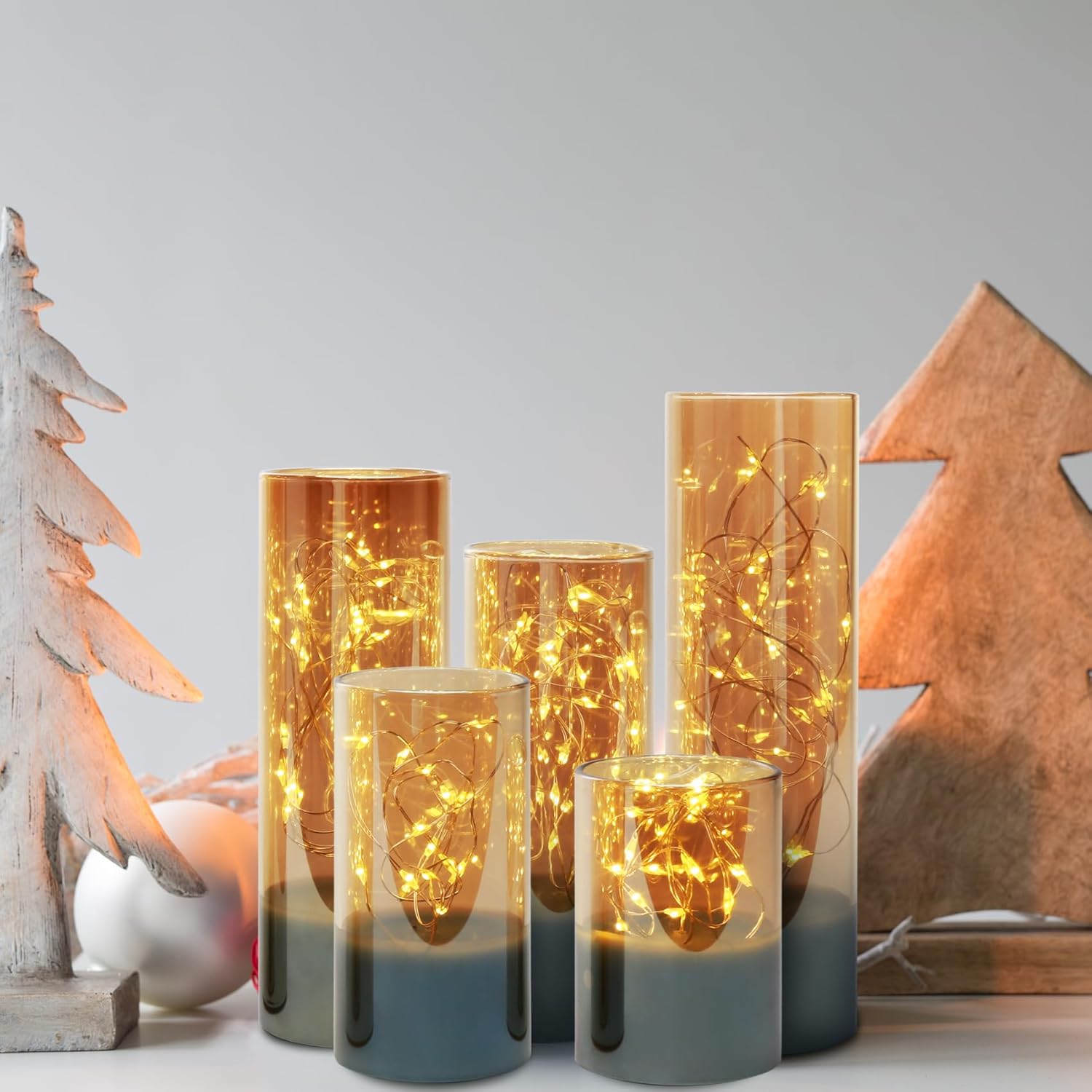 Velas sin llama de cristal dorado con tira de luces remotas, juego de velas LED delgadas parpadeantes con batería de 2 pulgadas de alto, 3 pulgadas,
