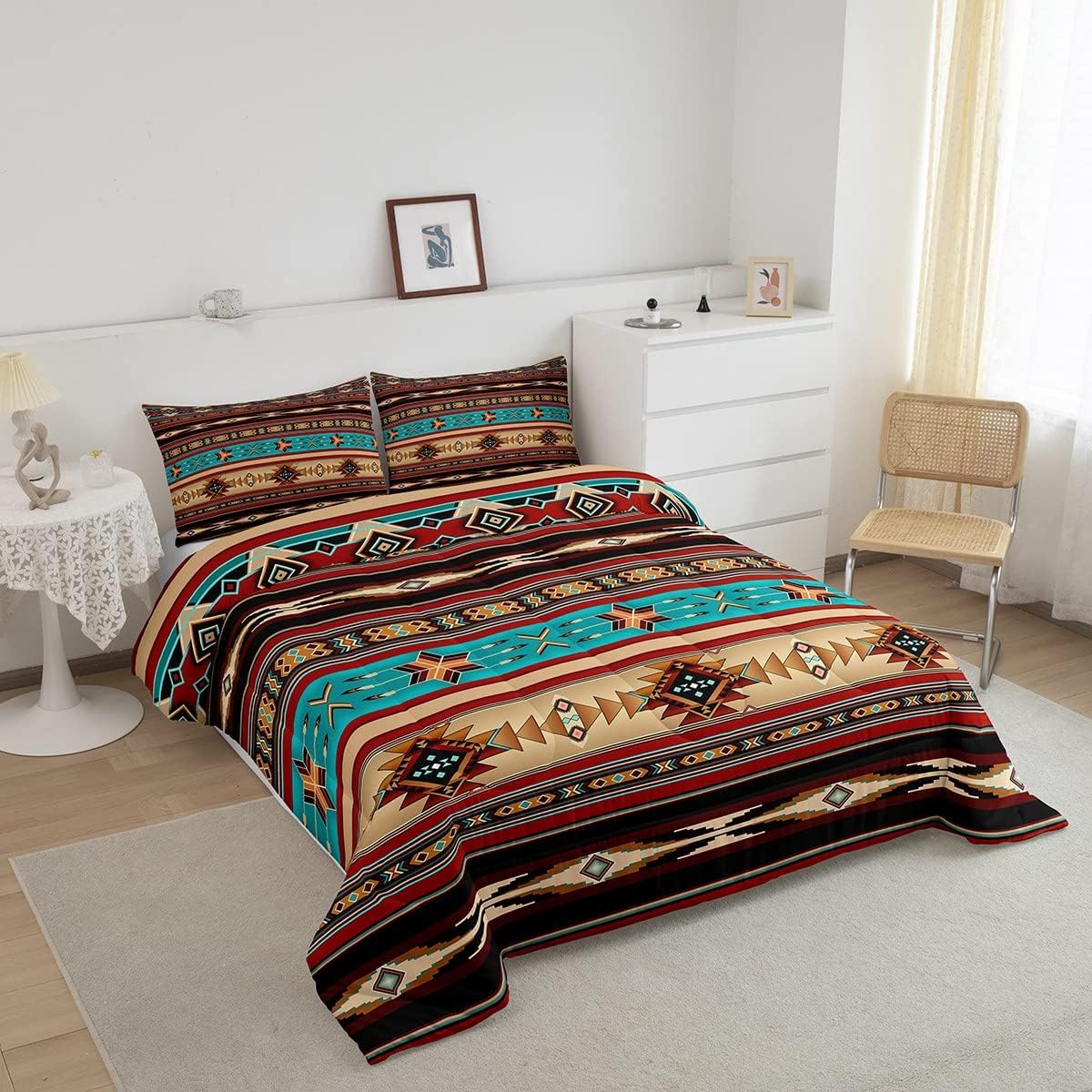 Juego de edredón azteca, étnico tribal étnico, juego de ropa de cama vintage del suroeste nativo bohemio, tamaño individual, relleno de edredón de