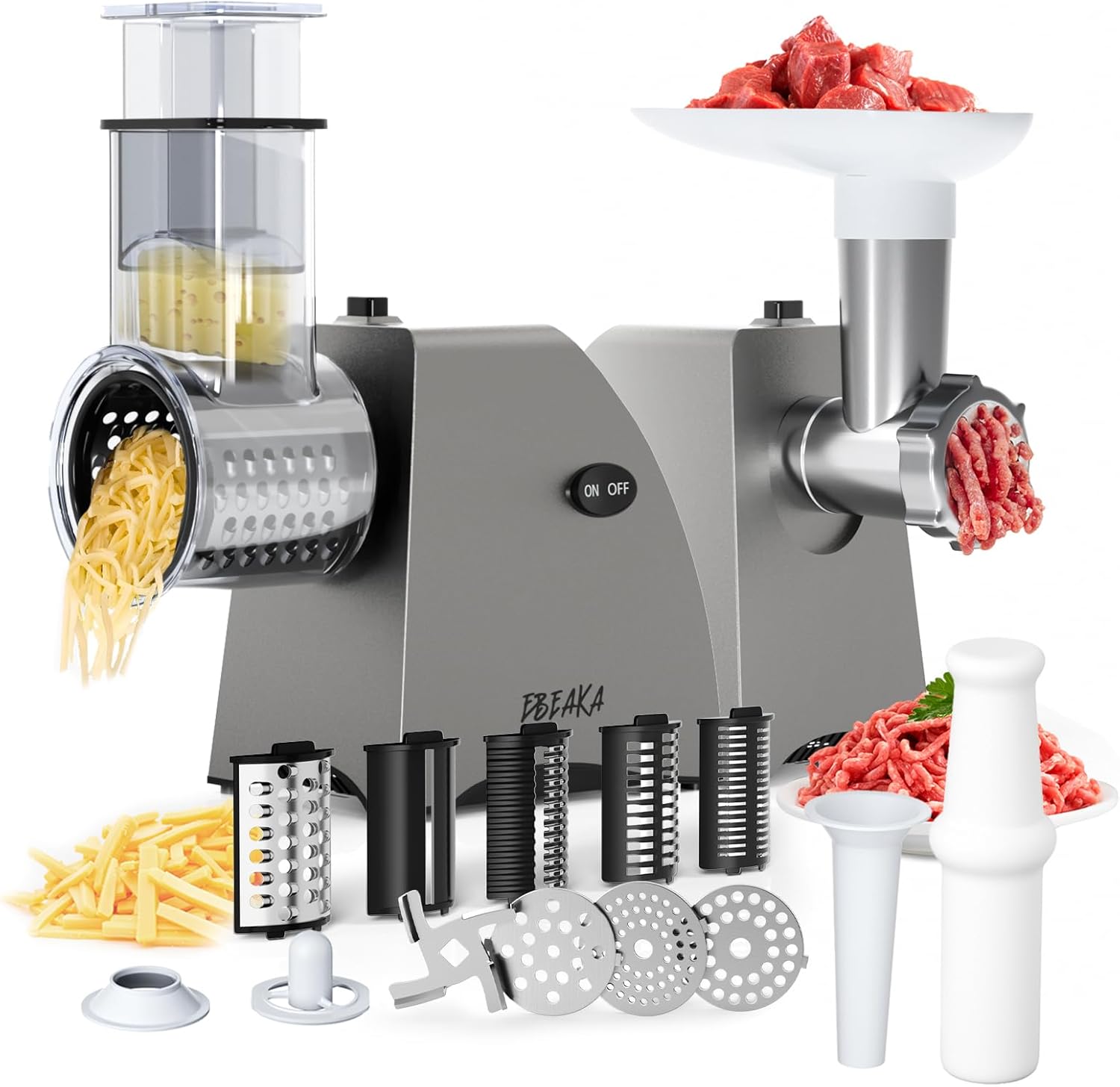 Rallador eléctrico de queso 2 en 1 y picadora de carne para uso doméstico, máquina de kube, máquina de salchichas, rebanadora de frutas, verduras,