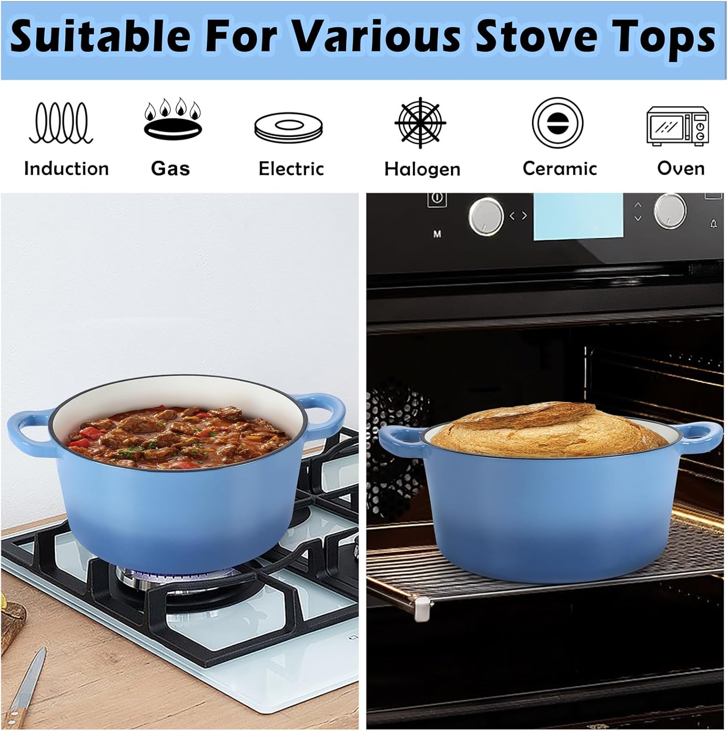 TeamFar Horno holandés de 6 cuartos de galón con tapa, horno holandés antiadherente esmaltado de hierro fundido para guisar y hornear, apto para