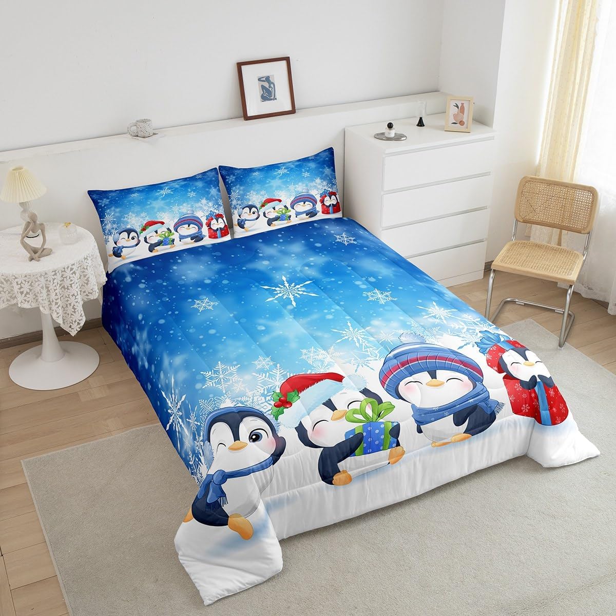 Edredón de pingüinos de dibujos animados para niños, tamaño King, edredón de invierno geométrico abstracto con copos de nieve con 2 fundas de