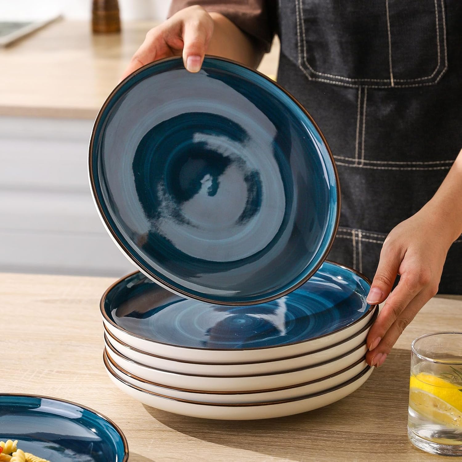 Juego de 6 platos llanos de cerámica de 10 pulgadas, platos de cocina de cerámica, aptos para microondas y lavavajillas, azul marino