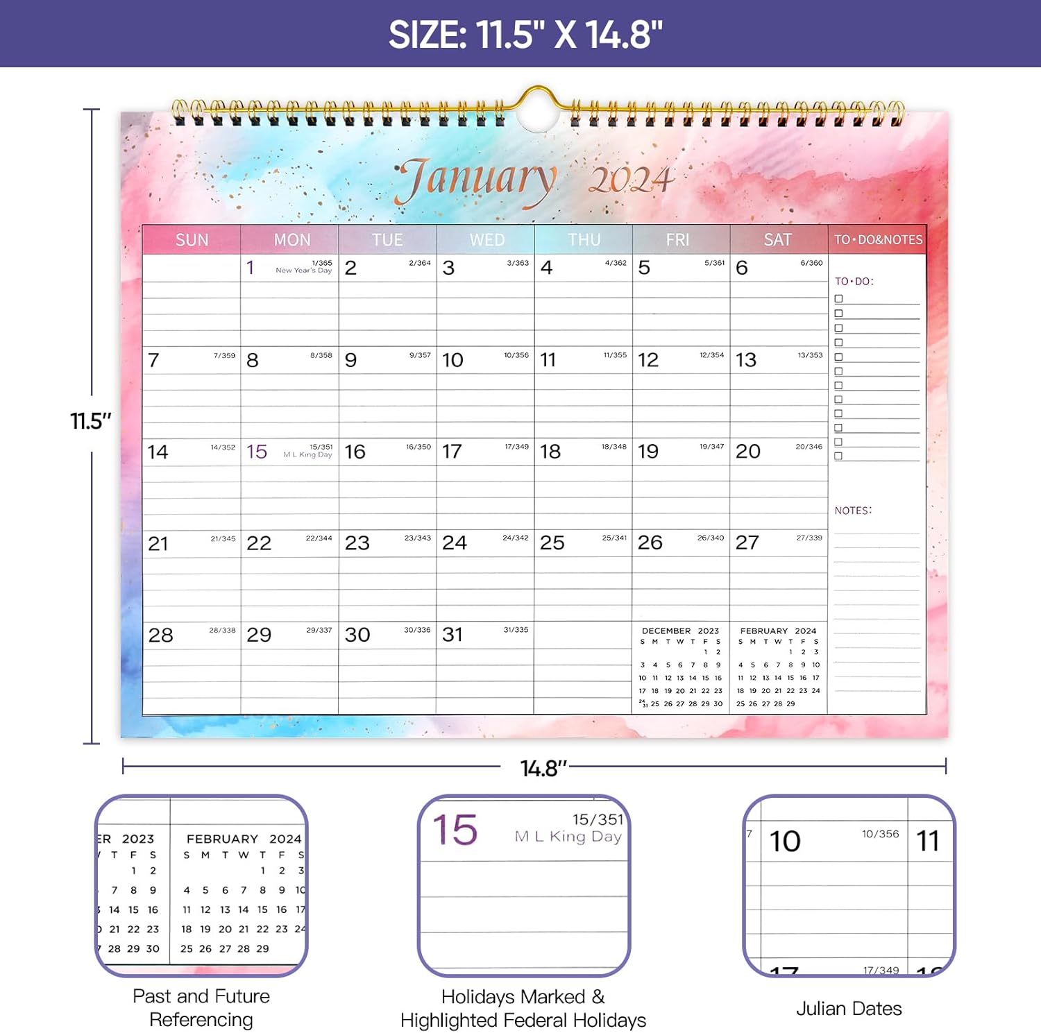 Lbylyhxc Calendario 2024, calendario mensual de pared 2024 de enero de 2024 a diciembre de 2024, 14.8 x 11.5 pulgadas. Papel grueso con fechas