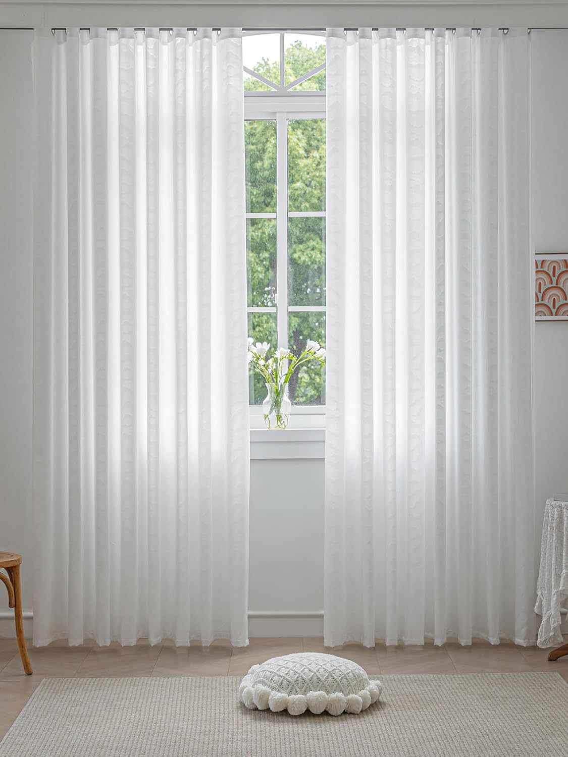 Avigers Cortinas traslúcidas con patrón de nube blanca para sala de estar de 84 pulgadas de largo, juego de 2 paneles de 2 paneles con ojales en la