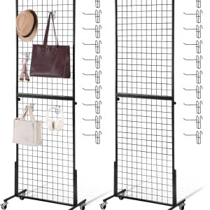 Therwen Paquete de 2 paneles de pared de rejilla de 6 x 2 pies con 40 ganchos, paneles de rejilla de alambre con ruedas base en T, paneles de Therwen Paquete de 2 paneles de pared de rejilla de 6 x 2 pies con 40 ganchos, paneles de rejilla de alambre con ruedas base en T, paneles de