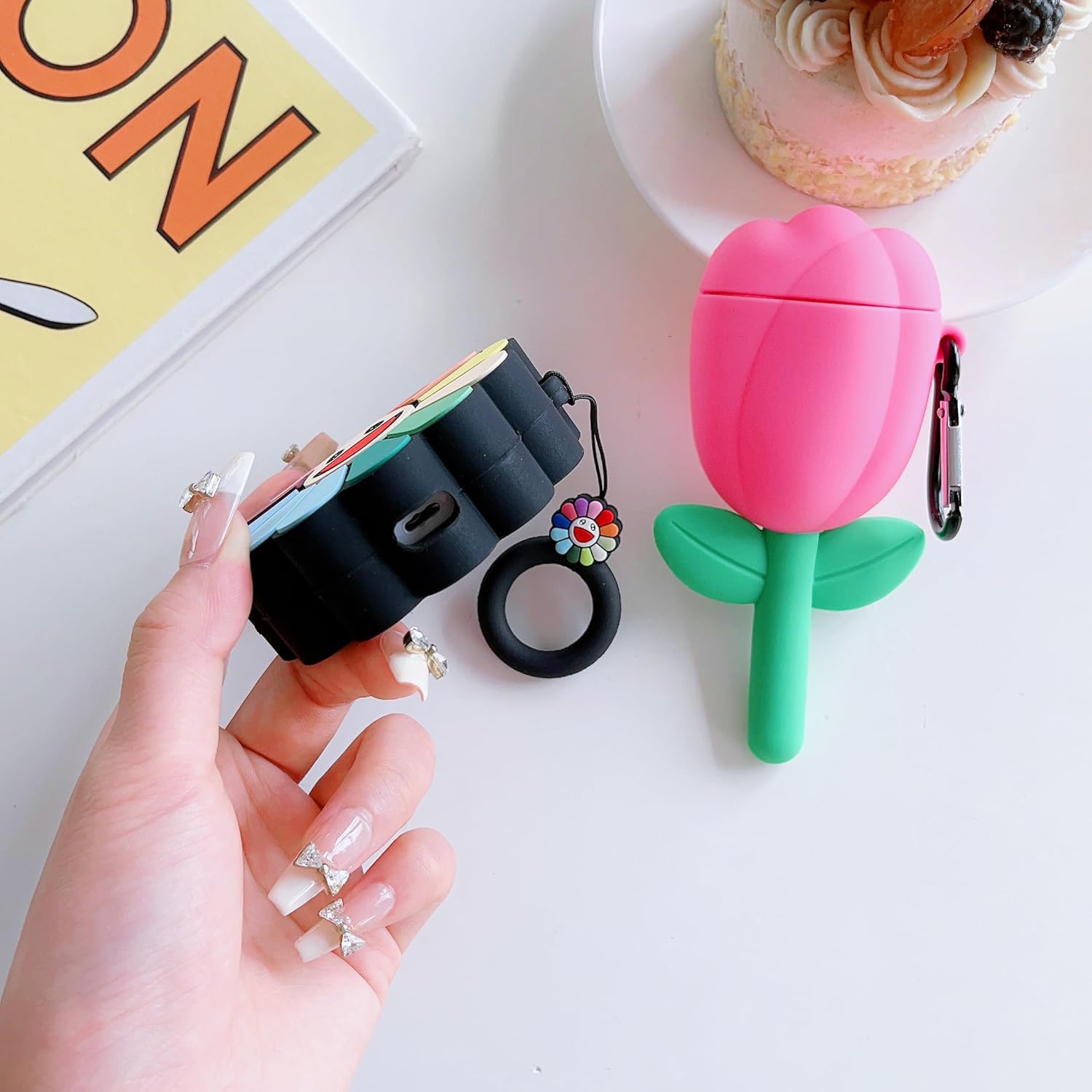 Paquete de 2Funda 3D con diseño de flores para Airpod 21, funda 3D para niños, niñas, adolescentes y mujeres, diseño de tulipán Kawaii + girasol,