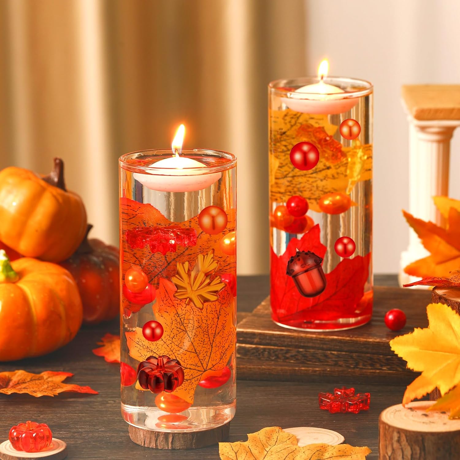 Barydat Juego de 6141 piezas de relleno de jarrón de Acción de Gracias, hojas de calabaza, bellota, geles de agua de perlas sintéticas, velas