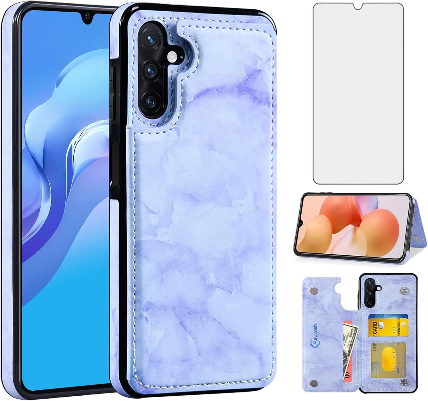 Asuwish Funda de teléfono para Samsung Galaxy A13 5G con protector de pantalla de vidrio templado y billetera de mármol abatible con soporte para