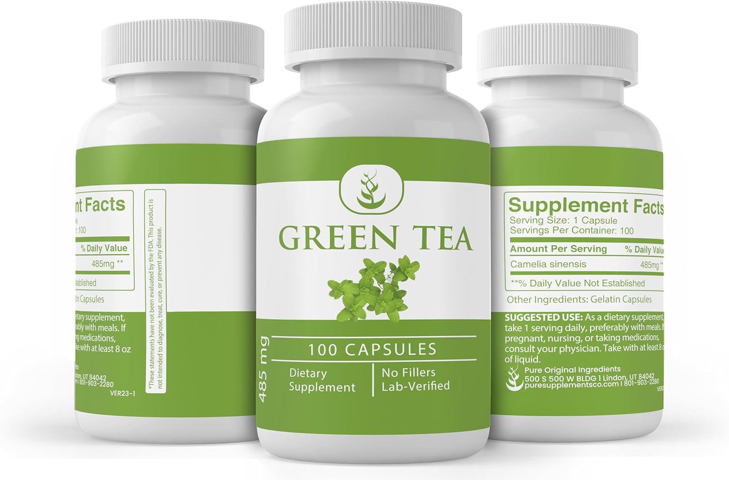 PURE ORIGINAL INGREDIENTS Extracto de té verde, (100 cápsulas) siempre puro, sin aditivos ni rellenos, verificado por laboratorio