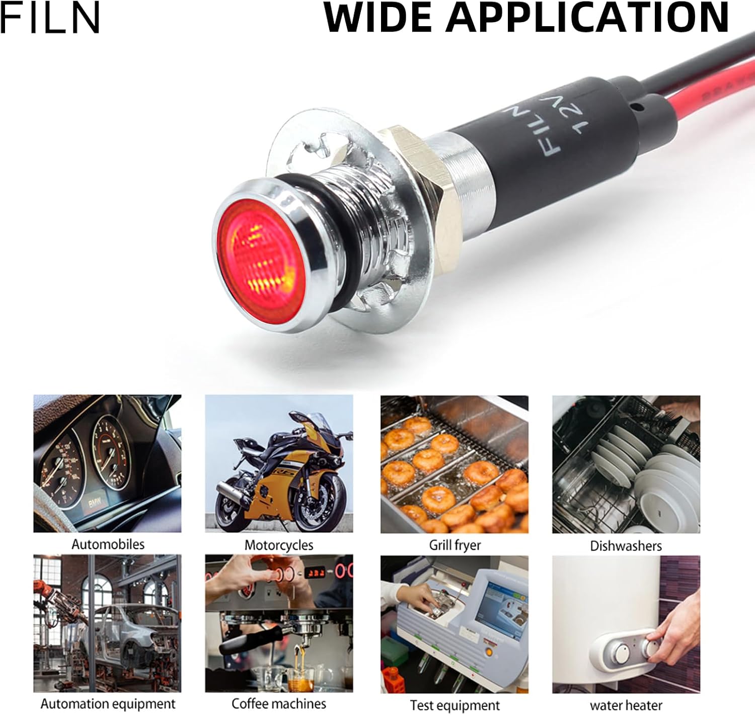 FILN 5 luces indicadoras LED de 0.315 in (516 pulgadas) 110 V 220 V metal piloto luces aluminio negro anodizado impermeable ip67 luz de señal roja
