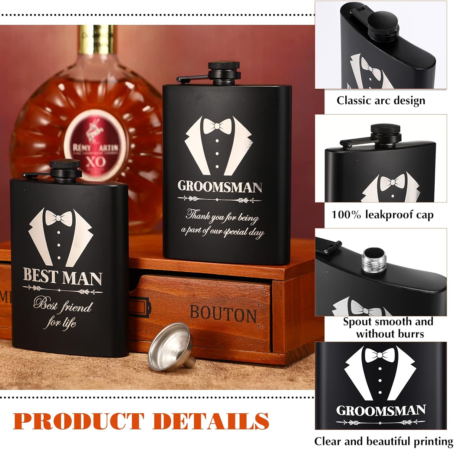 Zubebe Juego de 6 juegos de regalos para padrinos de boda de 8 onzas con embudos para boda, padrino de boda con grabado para hombres, frasco grabado