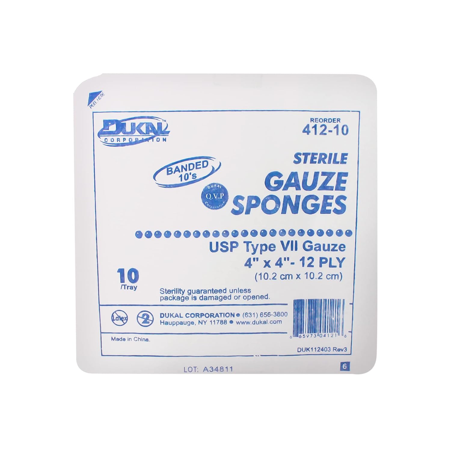 Dukal Esponja de gasa 412-10, tipo VII, estéril, 12 capas premium en bandejas duras, 4 x 4 pulgadas, paquete de 1280