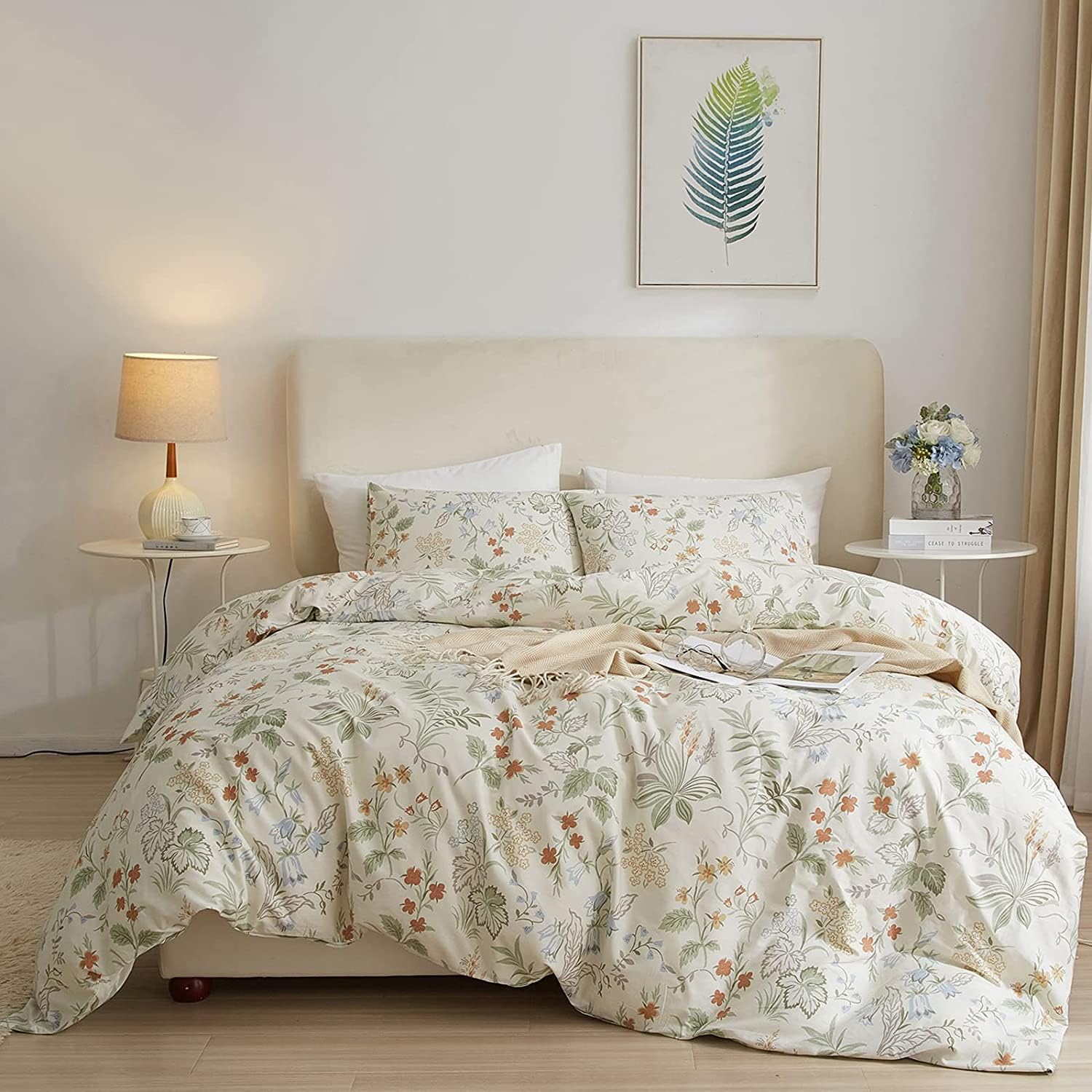 Juego de funda de edredón estilo jardín, diseño floral, tamaño individual, elegante, con hojas, flores y ramas, de algodón, estético, color blanco,