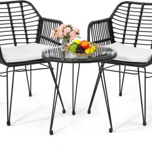 Juego de muebles de mimbre de 3 piezas, incluye 2 sillas y mesa superior de cristal, ideal para porche, al aire libre, patio, apartamento, balcón, Juego de muebles de mimbre de 3 piezas, incluye 2 sillas y mesa superior de cristal, ideal para porche, al aire libre, patio, apartamento, balcón,
