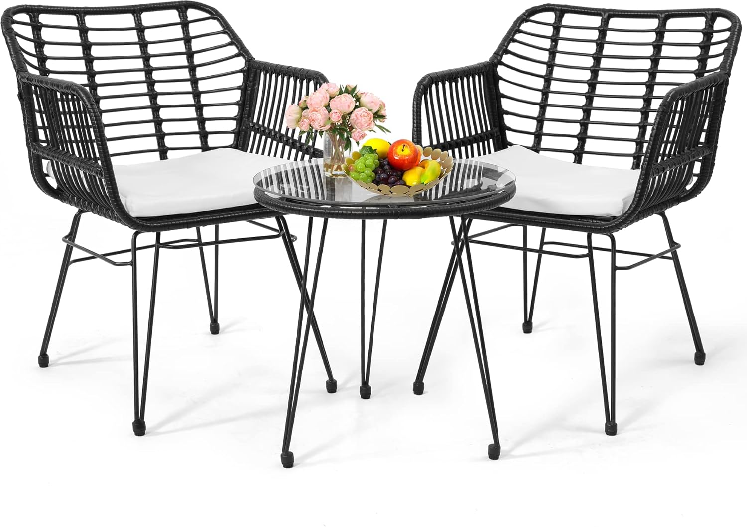 Juego de muebles de mimbre de 3 piezas, incluye 2 sillas y mesa superior de cristal, ideal para porche, al aire libre, patio, apartamento, balcón,